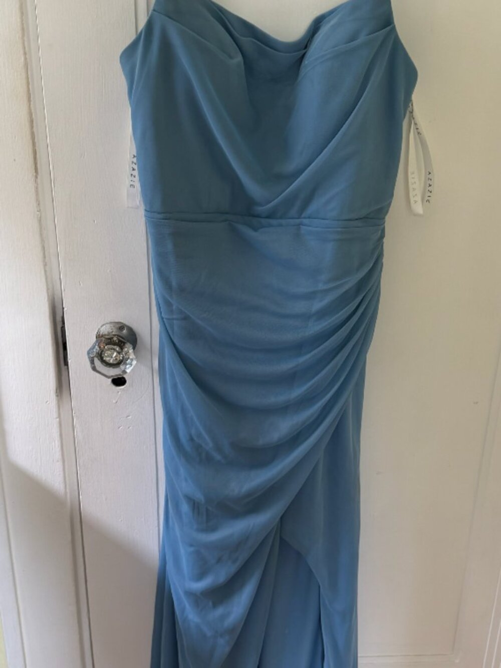 Azazie Steel Blue Satin Bridesmaid Maxi Dress